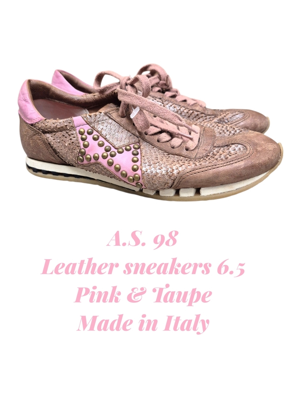 A.S. 98 Taupe & Pink Leather Studded Sneakers 6.5, Like New - Rare Vintage